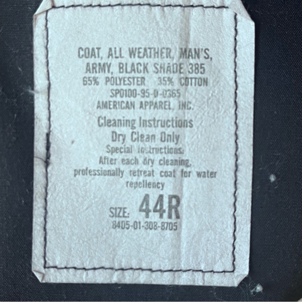 Military Tench Coat Mens 44R  Black Double Breasted Lined Belted Classic Preppy - Picture 9 of 9